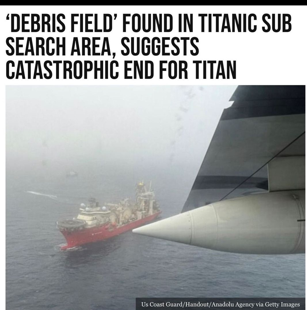 From US Coast Guard, illustrates a debris field of the missing sub near Titanic. A tragic ending for the Titan sub, crew & the plan is switching from search & rescue to evidence/debris recovery

#Titanic #Titan #sub #missingsub #USCoastGuard #news #debris #SearchAndRescue