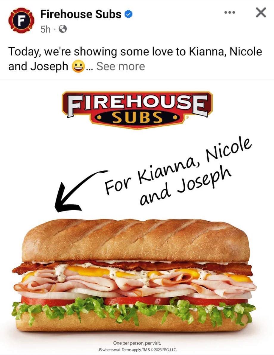 Shout out to @FirehouseSubs offering free subs to me AND my sister on the same day. What’re the odds?!