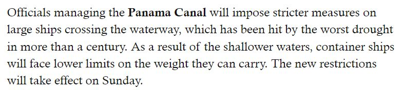 En "The World in Brief" <a href="/TheEconomist/">The Economist</a> publica que por cuestiones climáticas (cantidad de agua), las autoridades del Canal de Panamá, van a reducir el tamaño de las cargas permitidas. No son buenas noticias para el comercio mundial...
#riskmanagement #supplychain #gestionderiesgo