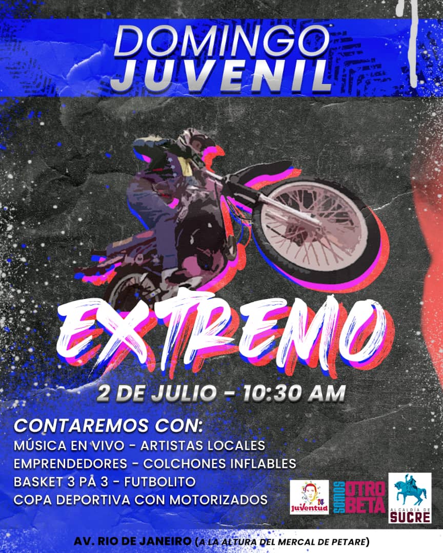 "Domingo Extremo"  stand de emprendimientos, música en vivo, atracción infantil, basket, fútbol y la tan esperada Copa Deportiva en la modalidad de #motopiruetas
Llegate!
<a href="/lAlcaldiasucre/">AlcaldíaSucre</a>
<a href="/jpsuv_munsucre/">jpsuvmirandasucre</a>