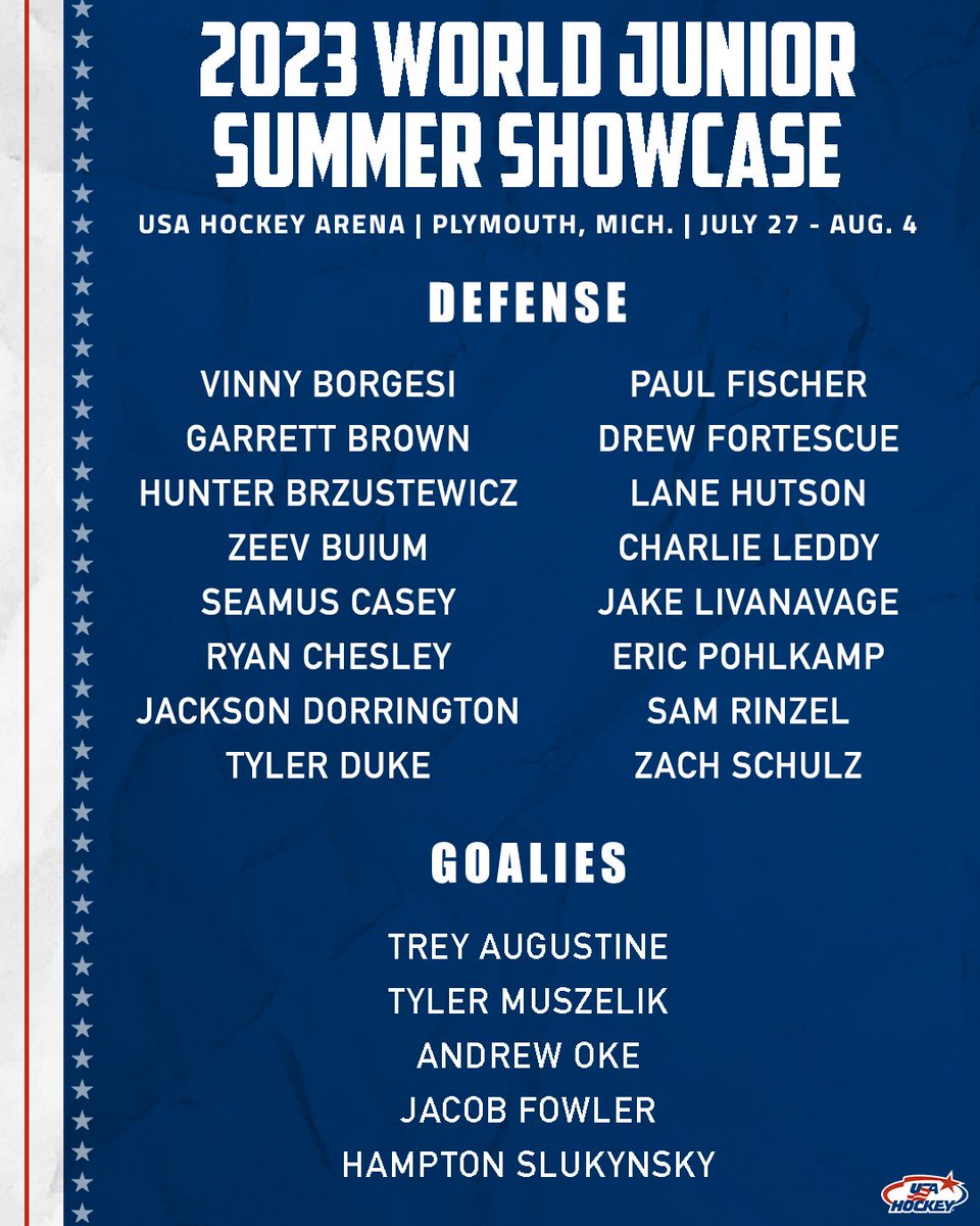 44 players have been invited to the 2023 World Junior Summer Showcase at @USAHockeyArena 🇺🇸 #WJSS

Details → bit.ly/3CLcUe9