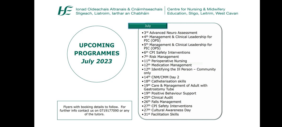 Delighted to present upcoming programs for July at CNME Sligo @CNMESligo @NMPDUNorthWest @OnMdd @VikkiSheeran @selene_nurse @KenHogan20 @GeorginaKilcoy3 @donnellymichele @sligeach123 @nmcgarve @NMBI_ie @hsencca @RachaelComer3 @StAngelasSligo @SligoSim @