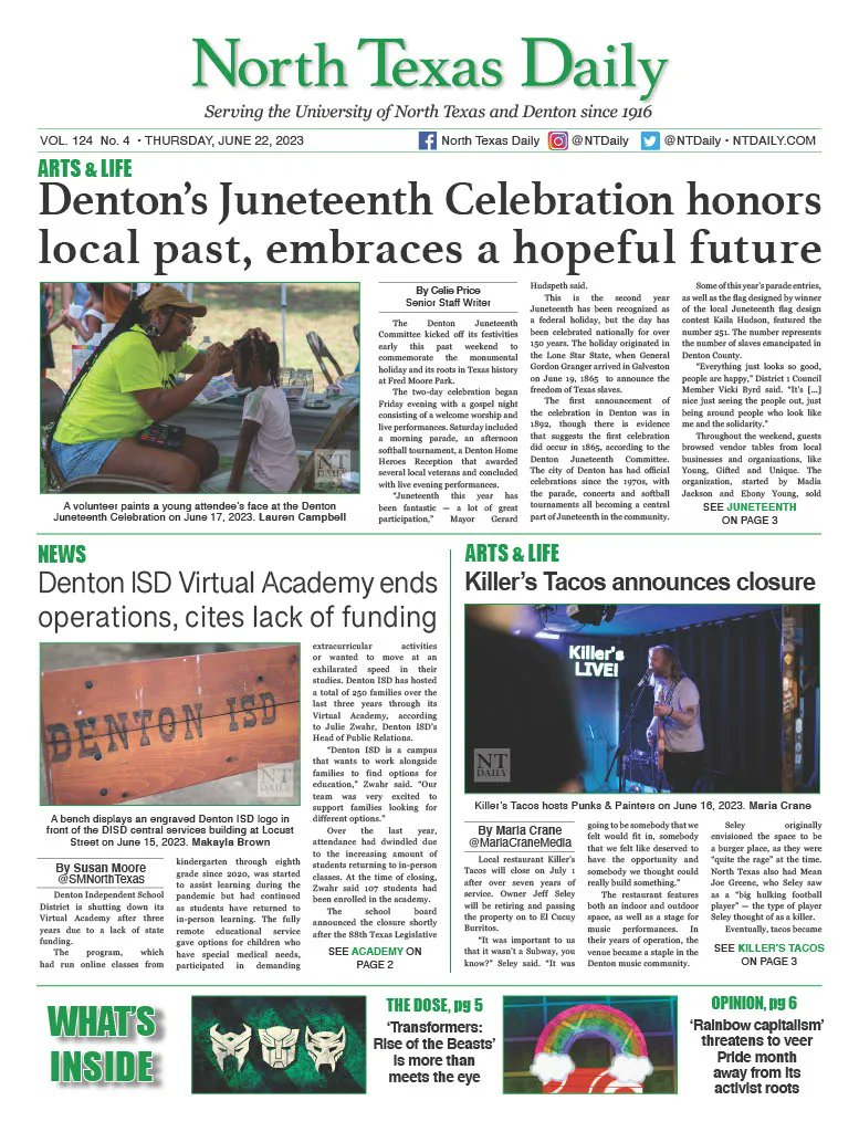 ntdaily's tweet photo. Happy Thursday! In this week's six-page issue, read about Denton's Juneteenth celebration, funding changes to Denton ISD's Virtual Academy, the closing of local restaurant Killer's Tacos and more!

Read more here: 
https://t.co/Zjj8Jh0Ff3 https://t.co/XqWry8VlWH