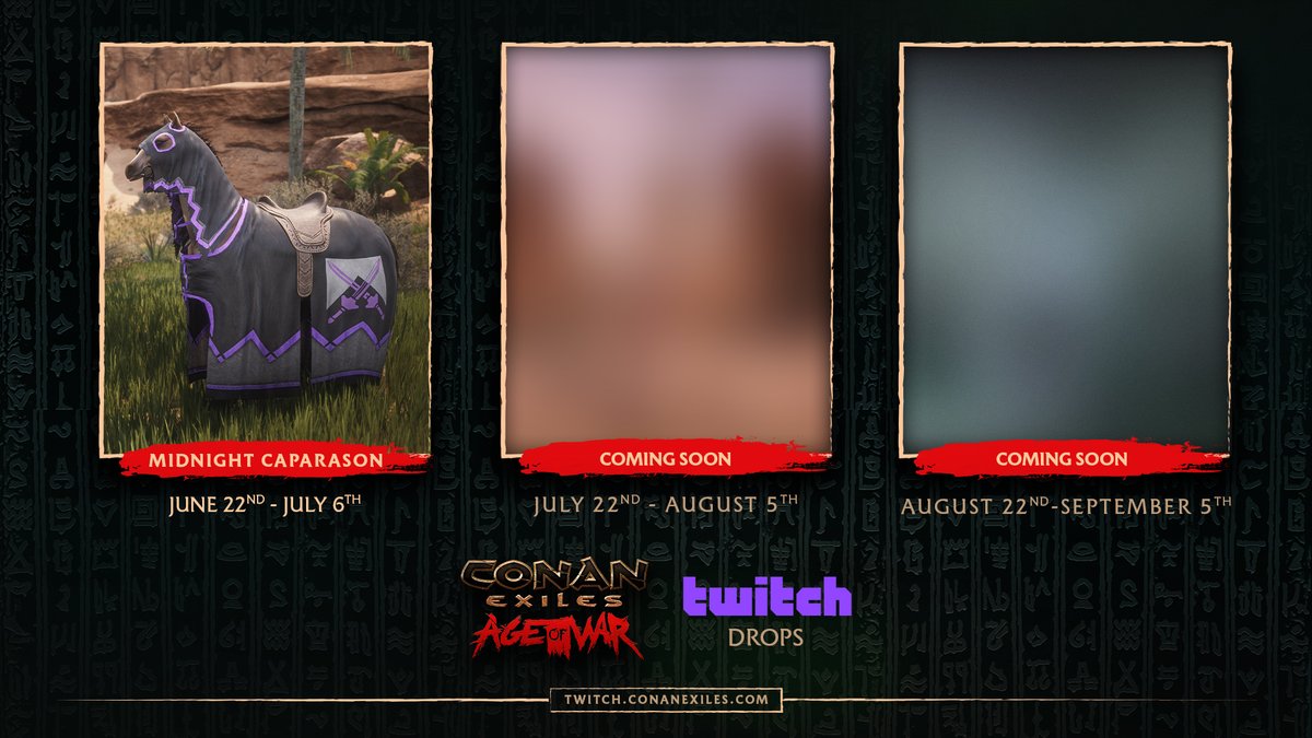🔴 Streamers, viewers, and collectors: a new round of Twitch Drops is here for #AgeofWar!

Watch a Conan Exiles streamer on Twitch to claim the regal Midnight Caparason until July 6th. 🏇

How to pair accounts: conanexiles.com/twitch/
Who is live now: twitch.tv/directory/game…