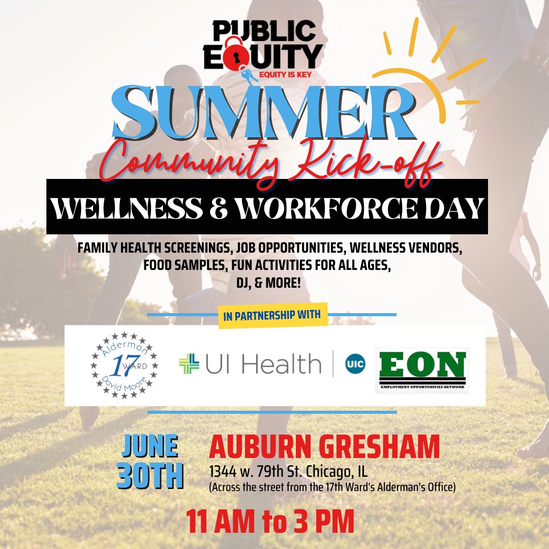 equityiskeychi's tweet photo. Hey, #AuburnGresham &amp; surrounding #Chicago neighborhoods!

Join us on Fri. Jun. 30th, from 11 am to 3 pm. Kick off your safe summer with us, Alderman David Moore (17th Ward), @UIHealth (Mile Square), and the Employment Opportunities Network! #AuburnGresham #Chicago #EquityisKey https://t.co/yqtCJ6bnOm
