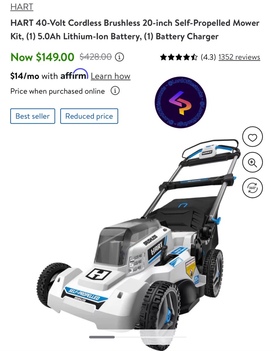 ☀️ HART 40-Volt Cordless Brushless 20-inch Self-Propelled Mower Kit, (1) 5.0Ah Lithium-Ion Battery, (1) Battery Charger now $149 via Walmart

⬇️ 65% Price Drop

✅ Sold &amp; Shipped By HART Consumer Products, Inc. 

🔗 - bit.ly/44aXpYw

#LRDeal | #AD