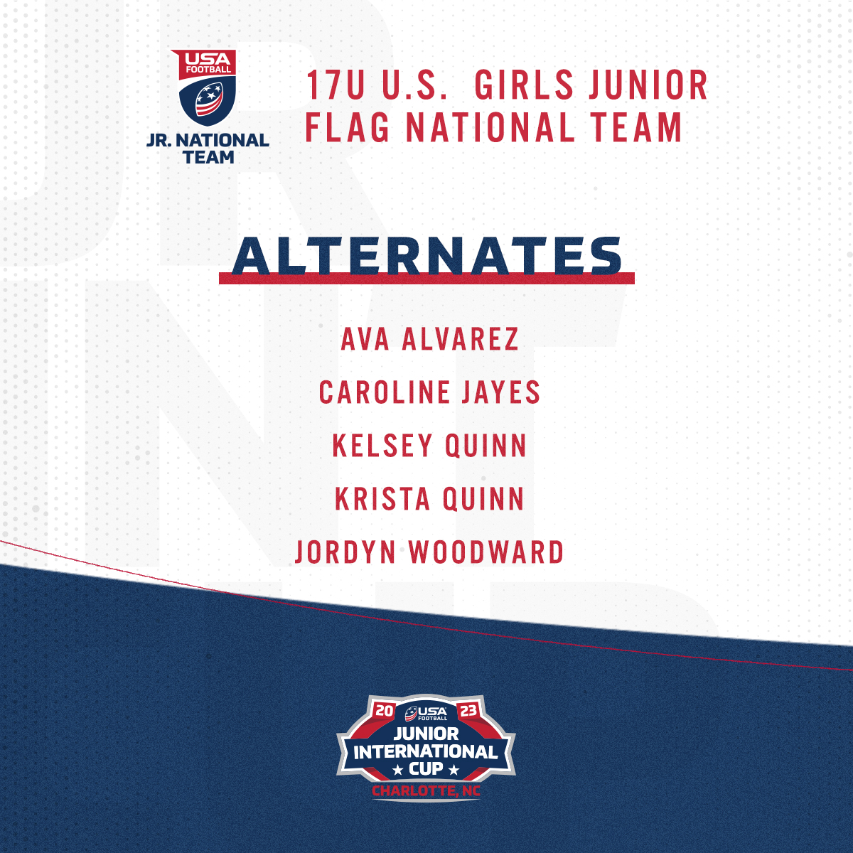 USNFT's tweet photo. We are excited to announce the competition roster &amp; alternates for our 2023 17U Girls Junior Flag National Team! 🇺🇸🏈

They will be competing at the @USAFootball Junior International Cup in Charlotte, NC, from July 5-7 🔥

➡️ https://t.co/caE8gfI6ev

#RepTheFlag | #JrIntCup https://t.co/FqhJxGV3hM