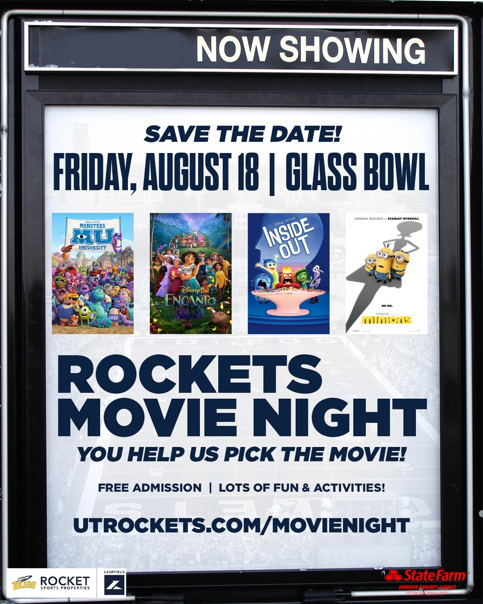 ToledoRockets's tweet photo. Movie night is BACK in the Glass Bowl on August 18!
Visit https://t.co/jXIdN7MOhE vote for your favorite movie choice &amp; for more information. 

Thank you State Farm Agent, Jennifer Roberts for supporting the Toledo Rockets!!  #TeamToledo https://t.co/ahMG0Qyodu