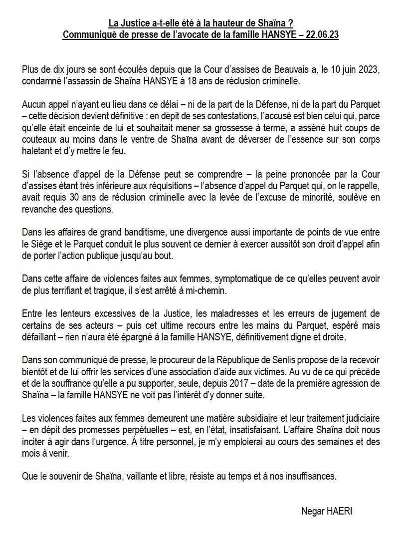 moicestyasin's tweet image. Voici le communiqué de notre avocate @NegarHaeri suite à l’abandon de cette affaire par le Parquet qui a refusé de faire appel. Rien ne nous a été épargné en 7 ans. Mais Shaina a été agressée sexuellement, frappée et brûlée vive! Ceux qui gouvernent: Quand allez-vs vs réveiller??