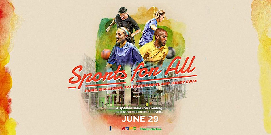 Next week #Miami will be on 🔥 at our #SportsForAll event with #ABFC at #TheUnderline! ⚽️ Join us 29th June at 5pm, we will have inspiring speakers and a 3v3 tournament! Take part and learn about the impact &amp; importance of inclusivity in sports. Register: sportsforall.eventbrite.com