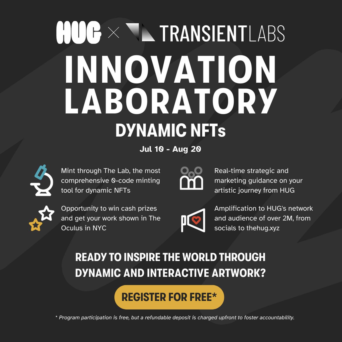 Who is joining me in the Innovation Laboratory?

This freeeeee guided course from @thehugxyz &amp; <a href="/TransientLabs/">Transient Labs</a> will give you 360 support to make &amp; mint your own dynamic art 👩🏻‍🔬

Bonus? We'll be curating artists from the course to get displayed in the <a href="/SuperRare/">SuperRare</a> NYC Gallery 🖼️⤵️