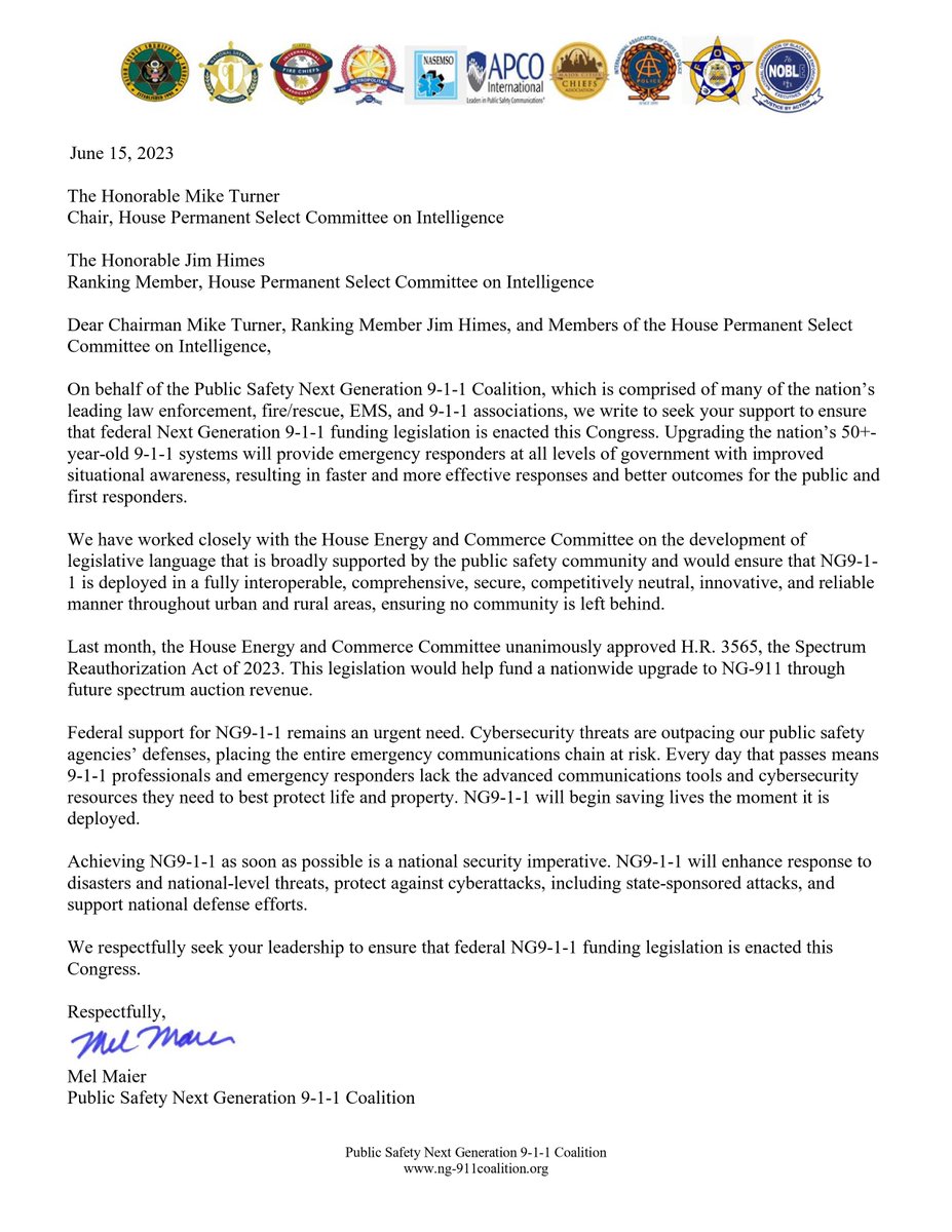 Last week, the <a href="/NG_911Coalition/">Public Safety Next Generation 911 Coalition</a> sent a letter to <a href="/RepMikeTurner/">US Rep. Mike Turner</a>, <a href="/jahimes/">Jim Himes 🇺🇸🇺🇦</a>, <a href="/HouseIntelDems/">House Intelligence Committee</a>, and <a href="/HouseIntel/">House Intelligence Committee</a>, to ensure H.R. 3565, the Spectrum Reauthorization Act of 2023 remains a priority for Congress this session. This bill will fund NG 9-1-1 infrastructure across the country.