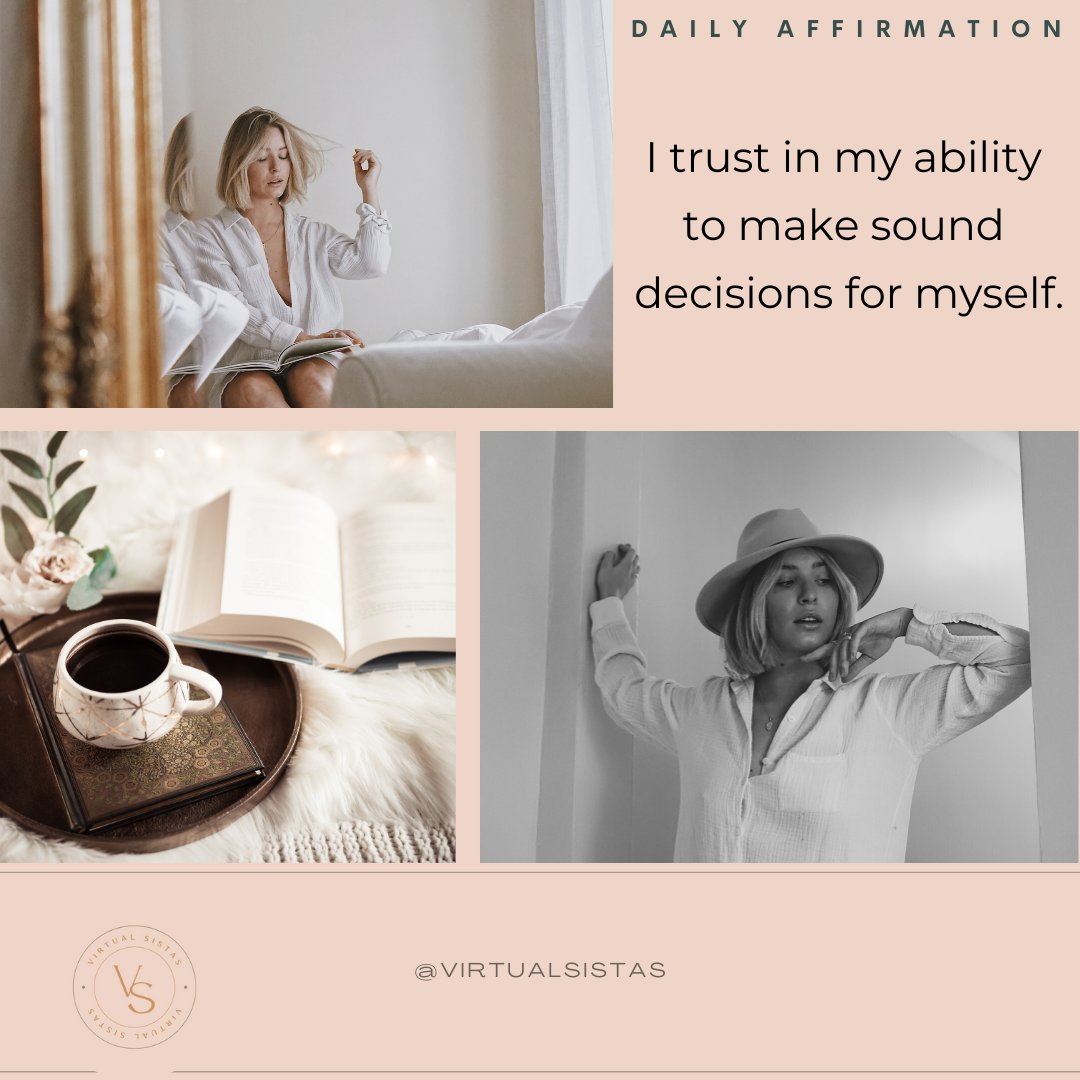 ✨Daily Affirmation✨
.
I trust in my ability to make sound decisions for myself
.
.
.
.
.
.
.
#virtualsistas #remoteteams #smallbusinesshelp #freelancing #virtualadmin #socialmediastrategist #emailmarketing#virtualpa #administrativeassistant #virtualassistants #virtualassistance