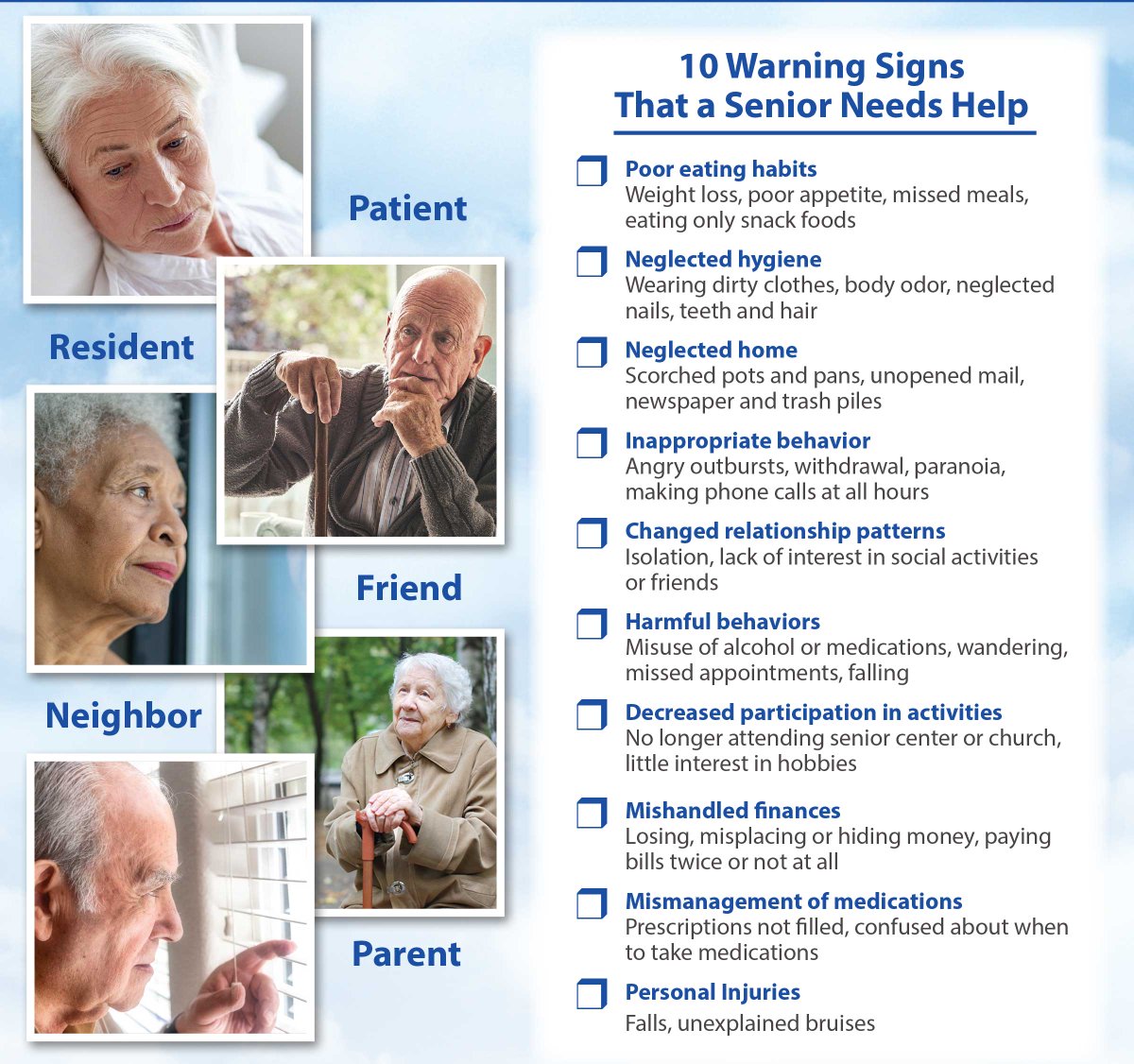 When you have that nagging feeling that someone needs help, your instincts are usually right! Here are ten warning signs that your loved one might need help. theosborn.org/home-care #homecare #warningsigns