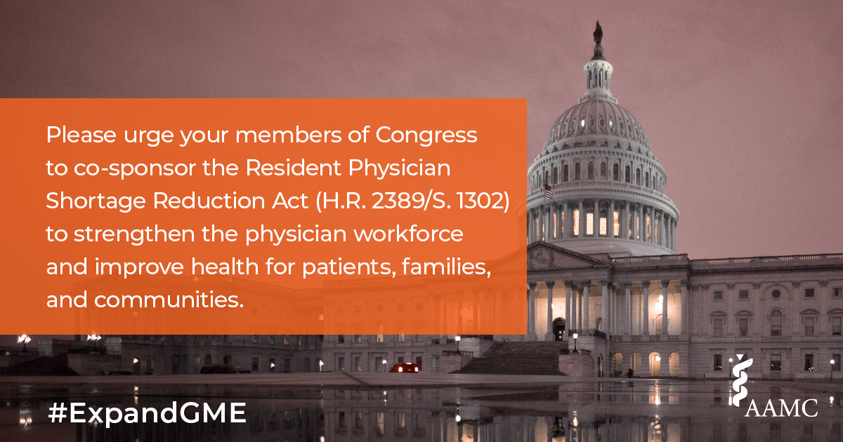 To underscore the critical need to invest in physician training & patient health, we ask you to urge your members of Congress to co-sponsor the Resident Physician Shortage Reduction Act of 2023 (H.R. 2389/S. 1302). Send your message: ow.ly/cv0k50OU3NE #ExpandGME