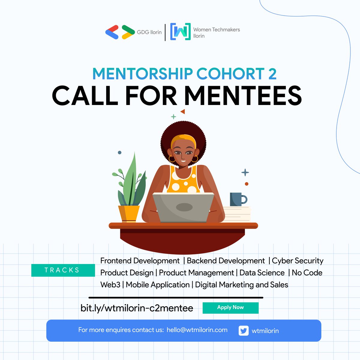 wtmilorin's tweet photo. Call for Mentees 👩🏾‍💻

The WTMIlorin Mentorship Cohort 2 is officially open. If you have always wanted to get mentored in your tech field, this is an opportunity for you to get yourself an experienced mentor. 

Register here: https://t.co/1O1mxTt5iP

Form closes 26th of June, 2023 https://t.co/I3PDwkkD0Z