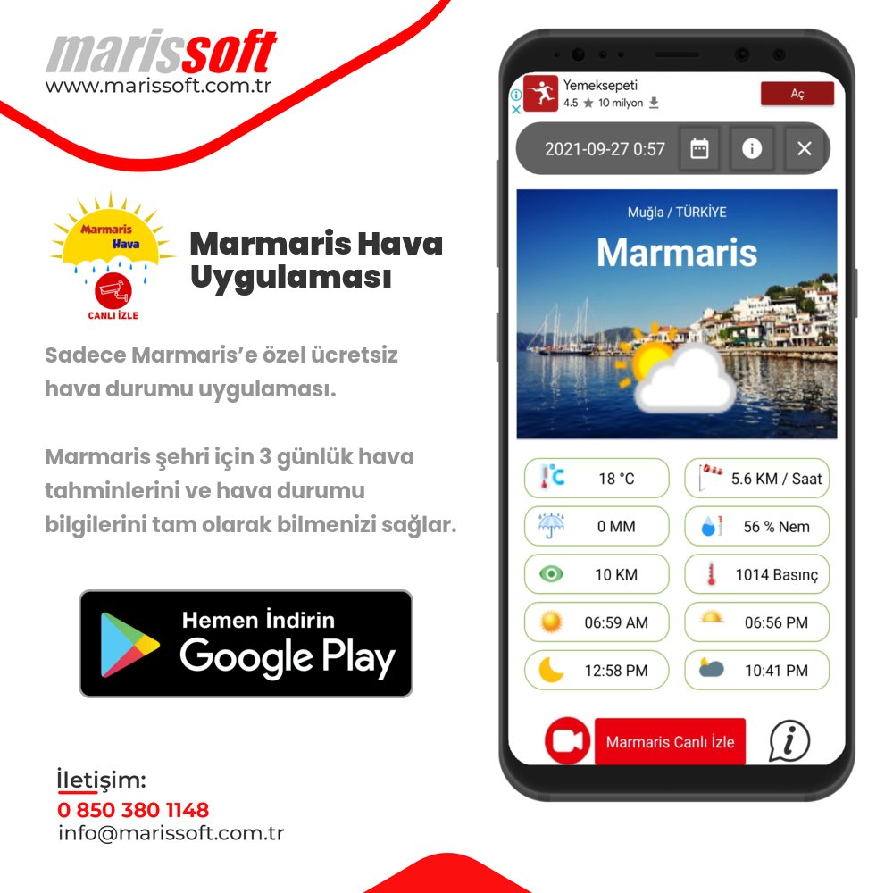 marissoftcomtr's tweet photo. Marmaris şehri için 3 günlük hava tahminlerini ve hava durumu bilgilerini bilmenizi sağlar. 7 adet canlı kamera ile ilçenin çeşitli önemli noktalarını izleyebilirsiniz.

https://t.co/paDJgsmEoJ

🌍 https://t.co/pH4vYxKAqg
📱 0 850 380 11 48
📍 Marmaris / MUĞLA

#marmaris #hava https://t.co/KKjKL2OH8d