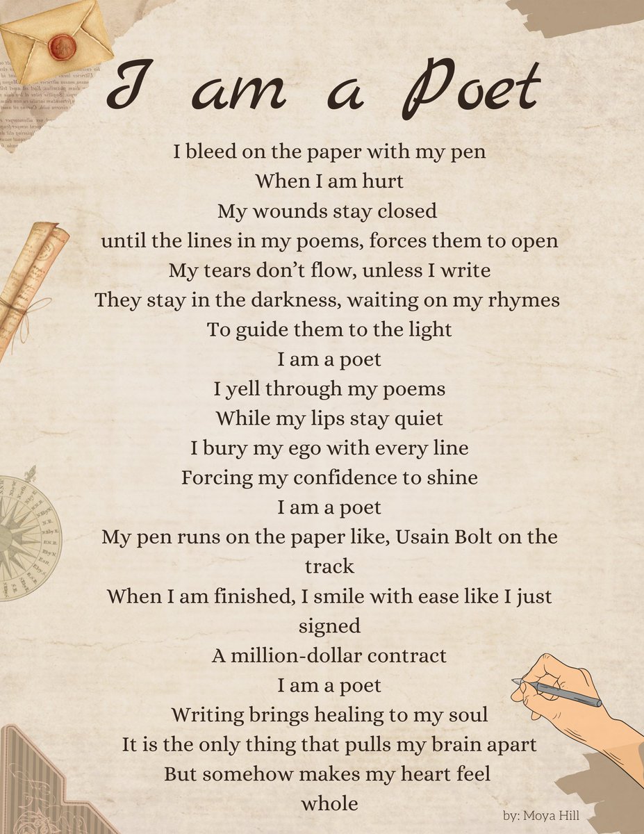 I am a Poet

'I bleed on the paper with my pen
when I am hurt
My wounds stay closed
until the lines in my poems, forces them to open'

#poetrycommunity #poetry #poetrylovers #poems #poemoftheday #poetrytwitter #poets #writerslife #WritingCommmunity #writers #ArtistOnTwitter