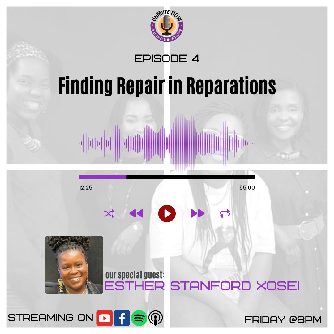 UnMuteNow1's tweet photo. Episde 4 is just around the corner - this week we are going to dive dip into: Finding Repair in Reparations with our special guest Esther Stanford Xosei. Join us tomorrow @8pm.

#unmutenow #discussion #conversation #podcast #blackwoman #blackpodcast https://t.co/3csxIddSEH
