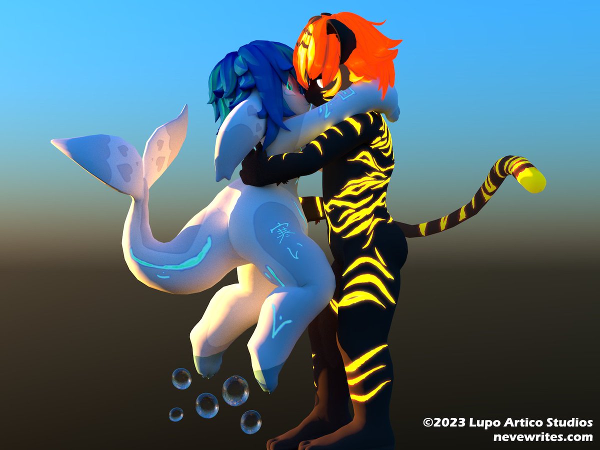 NeveTheWolf's tweet photo. Haven't figured out names for them yet, but I needed a winter and summer spirit to round out the four seasons with Akinori and Talamh.  Opposites attract, or so they say.

The winter spirit is a retexture of Zywie by MariVR; summer is a modified version of Vegal by Girokemo. https://t.co/3EJ12UYCJa