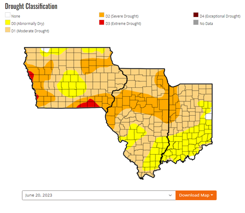 FarmsMarketing's tweet photo. #Drought 23 strengthens its grip on Iowa, Illinois, &amp; Indiana. If it wasn't dry enough, 100% of Indiana is now covered by D0 conditions. An expansion of the D2 area throughout Illinois &amp; emergence of D3 conditions in Iowa could continue to squeeze the funds! @OntAg @NOAA https://t.co/BBpLhQuS3u