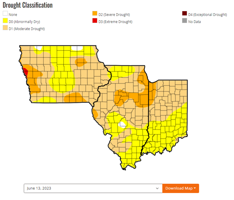 FarmsMarketing's tweet photo. #Drought 23 strengthens its grip on Iowa, Illinois, &amp; Indiana. If it wasn't dry enough, 100% of Indiana is now covered by D0 conditions. An expansion of the D2 area throughout Illinois &amp; emergence of D3 conditions in Iowa could continue to squeeze the funds! @OntAg @NOAA https://t.co/BBpLhQuS3u