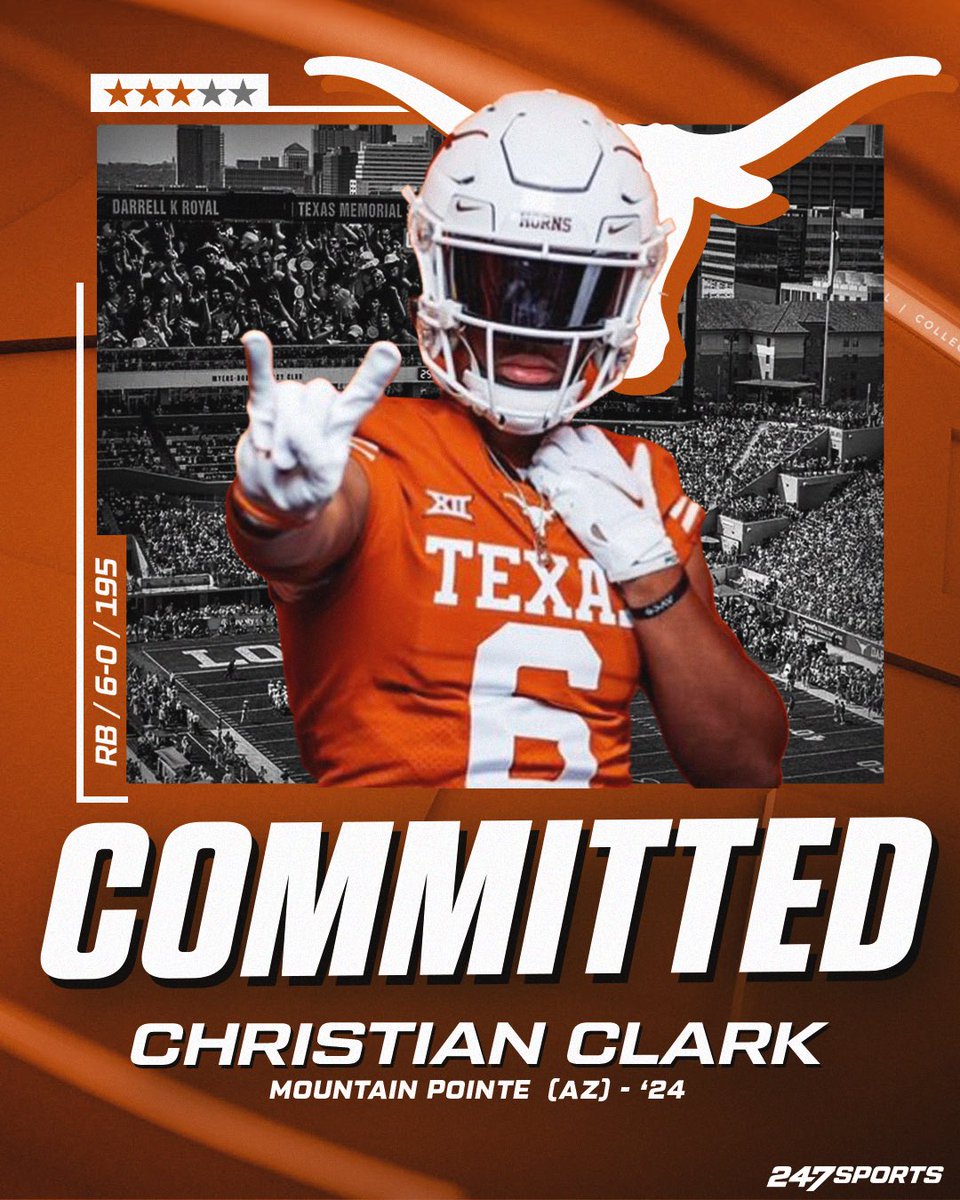 BOOM!!! Texas goes into the Grand Canyon State and lands a commitment from Phoenix Mountain Pointe composite four-star RB Christian Clark @Horns247 | #HookEm Clark picked the Longhorns over Alabama, Florida State, Georgia, and Oregon (FREE)🔗: 247sports.com/college/texas/…