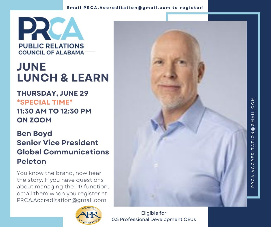 Register for <a href="/PRCA_State/">PRCA</a>'s #PRCALunchandLearn! Join us for a chat with Ben Boyd, SVP, Global Comms, <a href="/onepeloton/">Peloton</a>, next Thursday, June 29, 11:30-12:30. Let’s talk about managing the #PR function. Email PRCA.Accreditation@gmail.com. *Eligible for 0.5 CEUs for #APR. #PublicRelations