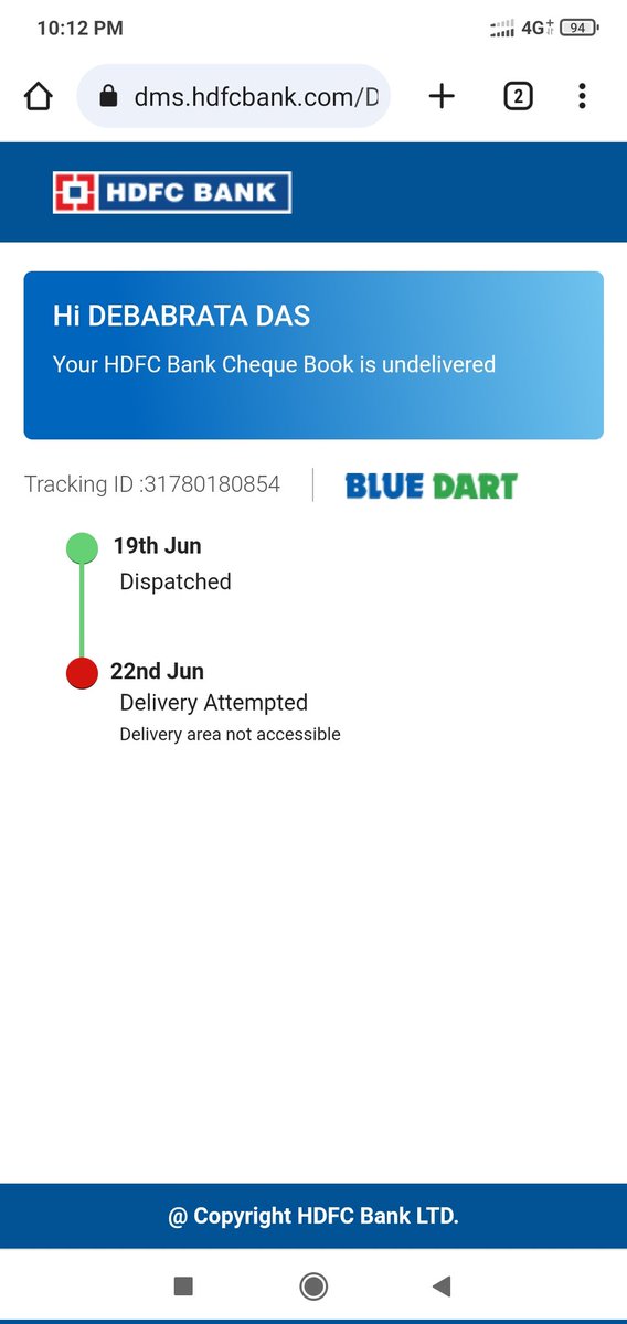 debabratadas70's tweet photo. @BlueDart_ ,@hdfcbank I m staying at Ramnagar rd 1 of Agartala(799002) &amp; ur Agtl delivery office mentioned "Delivery area not accessible"🤣. Plz inform, which area of Agartala is accessible ? My experience,It is ur common habbit to put such false note, without attempt 2 deliver. https://t.co/Av81p9tCW3