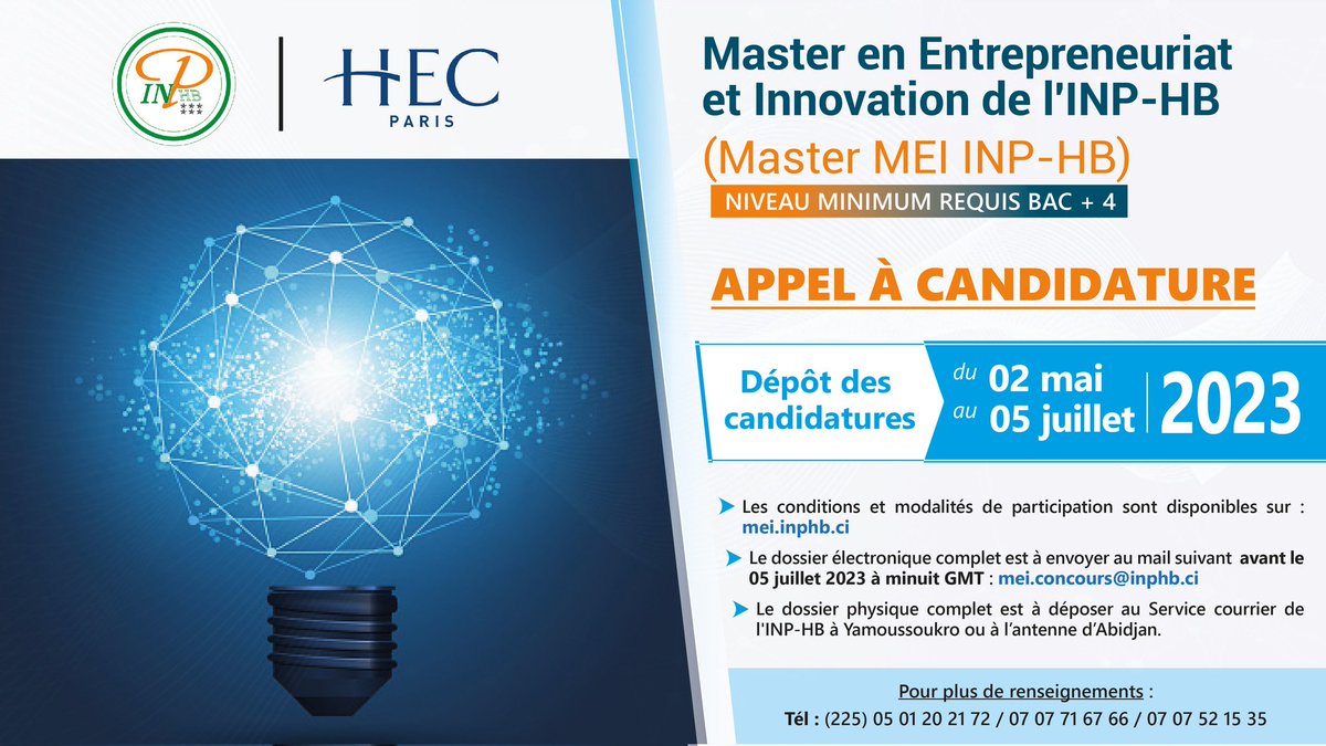 Chers internautes, l'appel à candidature pour le recrutement de la 1ère promotion du Master en Entrepreneuriat et Innovation (MEI) lancé conjointement par l'INP-HB et HEC Paris se poursuit  jusqu’au 05 juillet 2023.

Plus d'informations sur : mei.inphb.ci