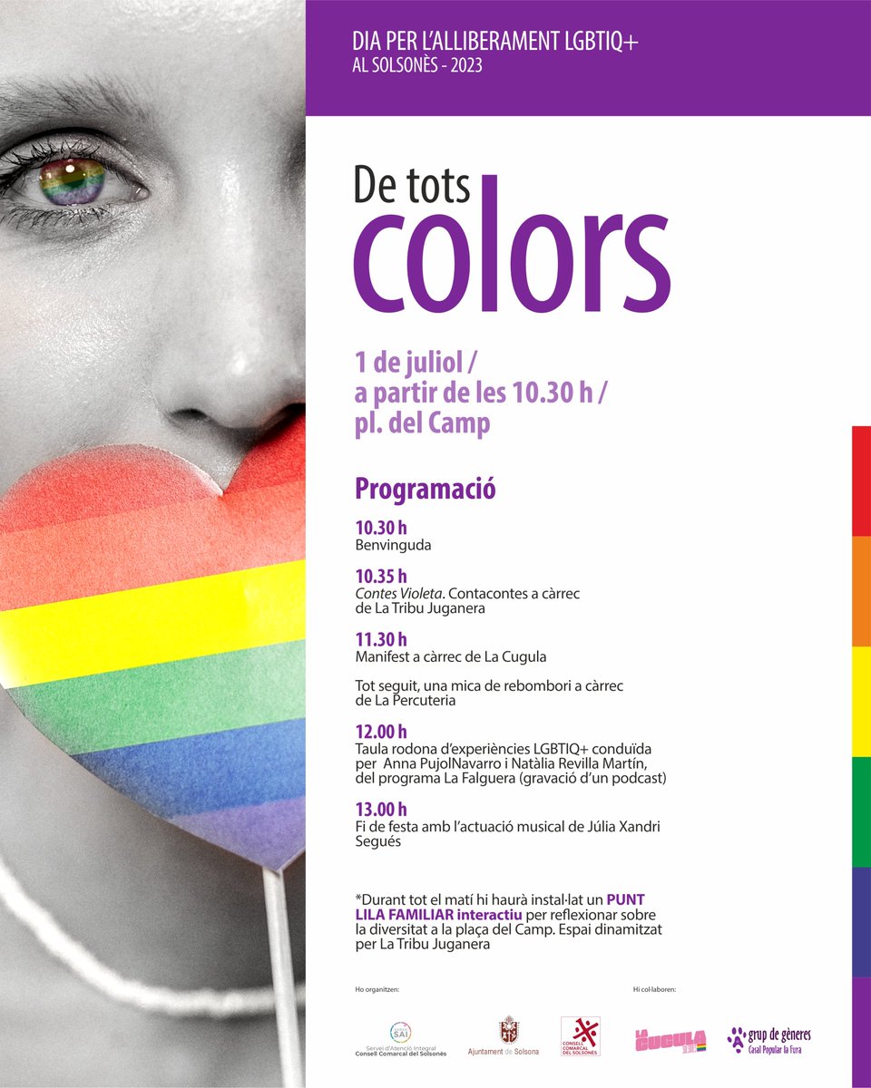 🌈 “De tots colors”, una jornada festiva i reivindicativa a #Solsona en favor dels drets #LGBTIQ+

📆 Programen un matí d’activitats per a les famílies amb infants i per al públic en general el primer de juliol a la plaça del Camp

#28J 
ℹ️ bit.ly/3NLxkKs