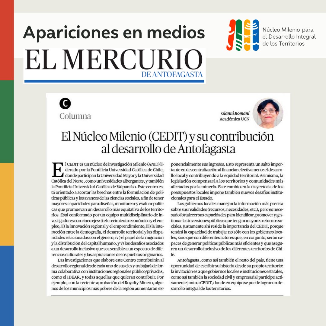 Gianni Romaní, académica de la <a href="/UCNorte/">Universidad Católica del Norte</a> e investigadora principal de CEDIT, en El Mercurio de Antofagasta #antofagasta #CentrosANID #Milenio #Ciencia #CienciaDeExcelencia #ComunidadMilenio