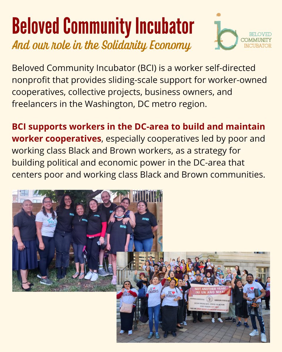 DC_BCI's tweet image. BCI supports workers in the DC-area to build &amp;amp; maintain worker cooperatives, especially ones led by poor &amp;amp; working class Black and Brown workers, as a strategy for building political &amp;amp; economic power in the DC-area that centers poor &amp;amp; working class Black &amp;amp; Brown communities. 3/3