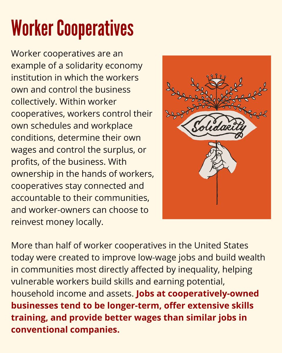 DC_BCI's tweet image. Worker cooperatives are an example of a solidarity economy institution in which the workers own &amp;amp; control the business collectively. More than half of worker coops in the US today were created to improve low-wage jobs &amp;amp; build wealth in communities most affected by inequality. 2/3