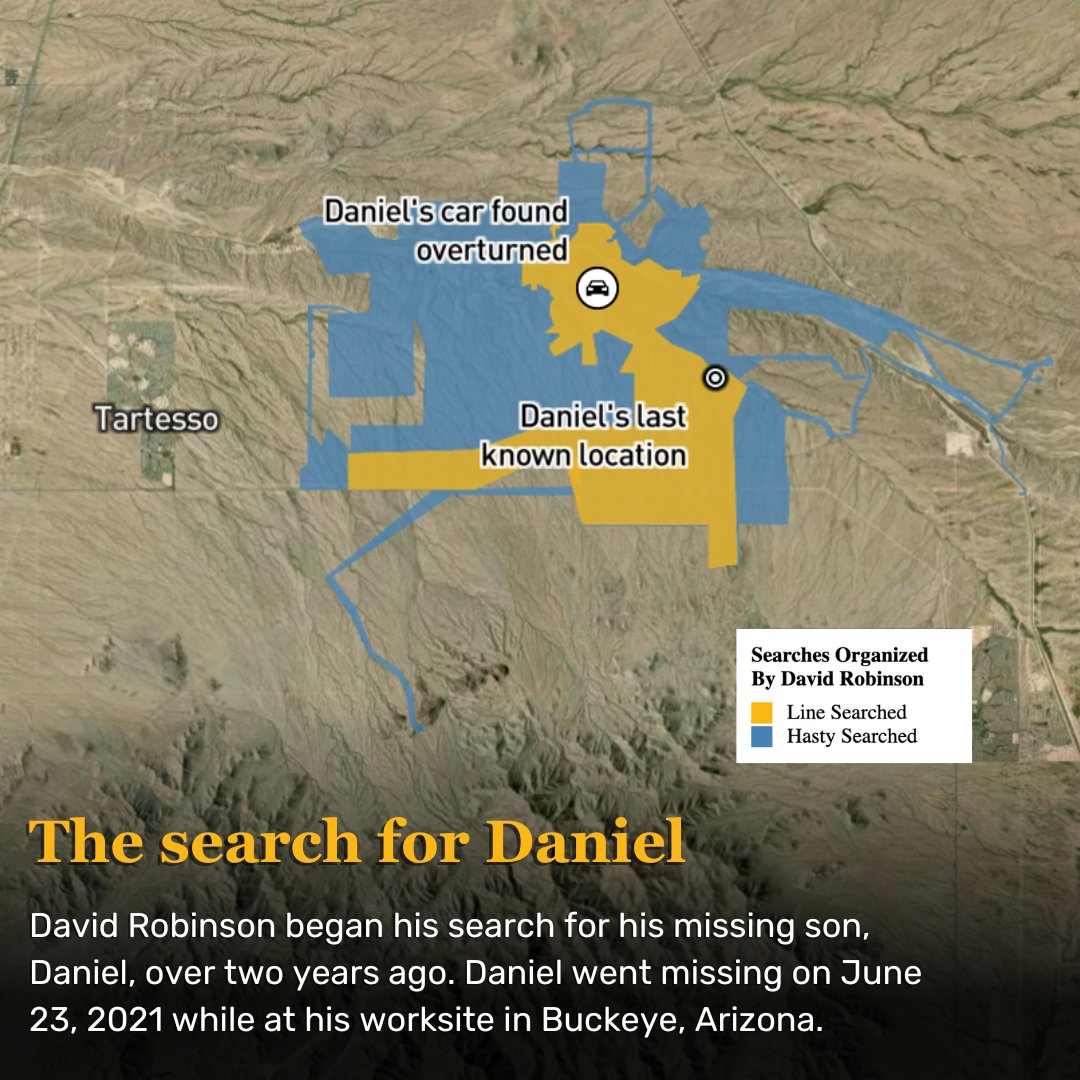 David Robinson, a U.S. Army veteran who served two tours in Afghanistan, is no stranger to the desert, searches the Sonoran desert in Buckeye, Arizona for signs of his son, Daniel, who went missing on June 23, 2021.

Details &amp; interactive website ⬇️ 
lostinbuckeye.com