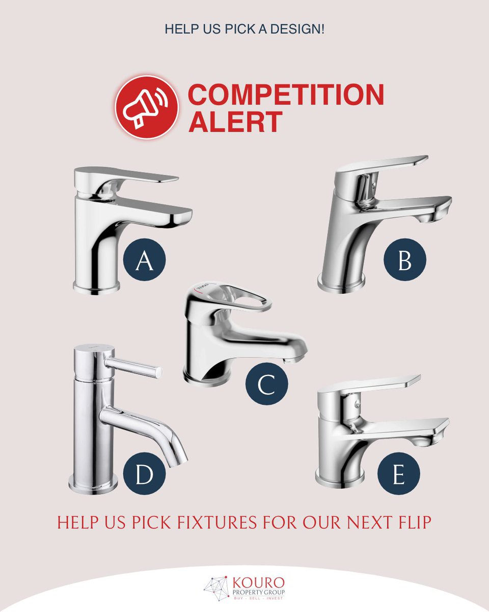 KouroProperty's tweet photo. We have a new competition on the horizon! π
Help us pick the tap YOU feel is the best looking and you could win R500.00! β
π§
Simply comment your chosen option below ππΌ
Winner to be announced on 15 July 2023! π
#kouro #pickastyle #win #kouropropertygroup #johannesburg #tap https://t.co/itzFvl3VIC