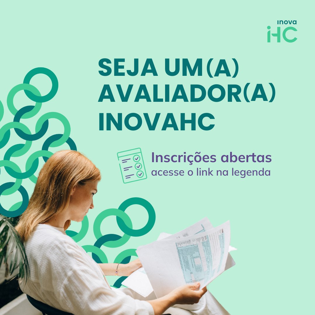 inovahcfmusp's tweet photo. Abertas as inscrições para ser #avaliador do #inovahc! Buscamos profissionais clínicos, técnicos, regulatórios e de negócios para avaliar projetos inovadores em saúde que impactem a jornada de pacientes e profissionais. Inscreva-se no forms: https://t.co/nygCUqFm16
#inovahc https://t.co/lSVfmspzRN