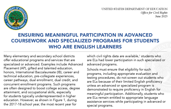 Californians Together (@caltog) on Twitter photo Schools must ensure that their eligibility requirements for specialized + advanced courses are not screening out #EnglishLearners.
A new fact sheet from <a href="/EDcivilrights/">ED Civil Rights</a> details the types of practices that exclude #EL students from valuable coursework.
www2.ed.gov/about/offices/… Schools must ensure that their eligibility requirements for specialized + advanced courses are not screening out #EnglishLearners.
A new fact sheet from <a href="/EDcivilrights/">ED Civil Rights</a> details the types of practices that exclude #EL students from valuable coursework.
www2.ed.gov/about/offices/…
