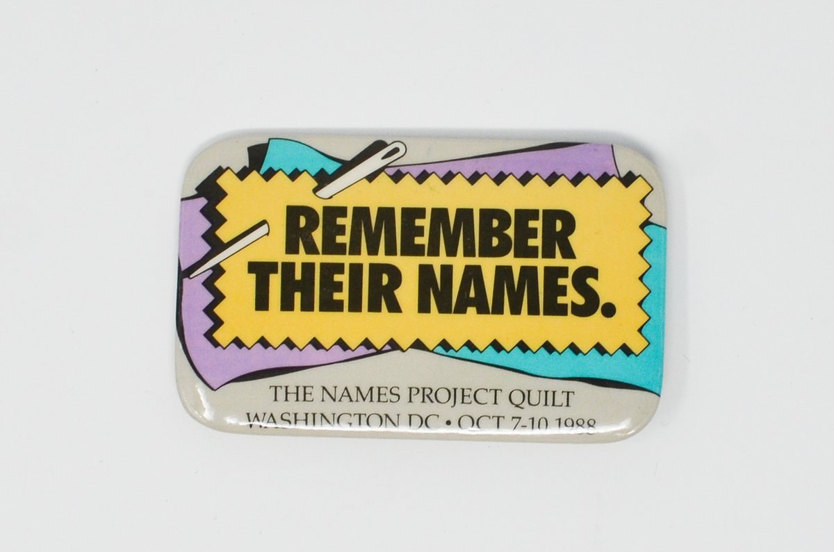 This button, "Remember Their Names," is from the October 1988 presentation of the NAMES Project AIDS quilt in Washington, DC.  Learn more about the quilt: Quilt (aidsmemorial.org) 
In honor of #Pride Month, we will be sharing stories of the local Jewish LGBTQ community.
