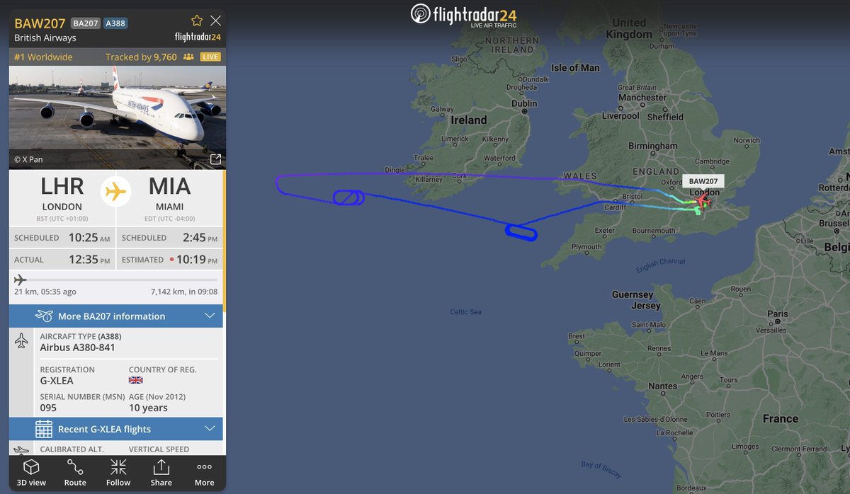 flightradar24's tweet photo. #BA207 on approach to Heathrow after 5.5 hours in the air. Returning to London due to a technical issue. https://t.co/tD3hSC2zwE https://t.co/EYjFROJiWh