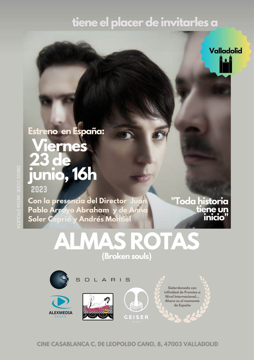 ¡Seguimos en la Madre Patria!

Tenemos estreno en <a href="/Cine_Casablanca/">Cines Casablanca</a> 

Viernes 23 de junio a las 16:00 hrs.

Calle Lepoldo Cano, 8, 470043 Valladolid.

¡Te esperamos!

#Cine #CineMichoacano #CineMexicano <a href="/GeiserMedia/">Geiser Media</a>  #Solaris <a href="/DDisfrutarFilms/">dejarme disfrutar films</a>