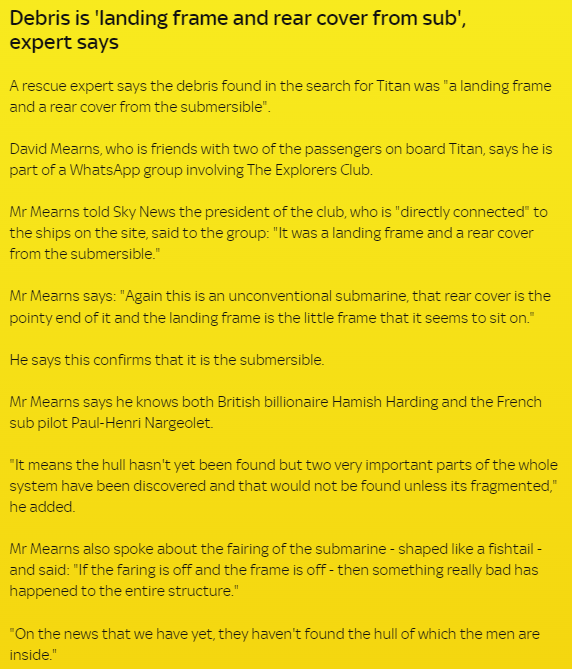 .<a href="/SkyNews/">Sky News</a> reporting parts of submersible found. "A rescue expert says the debris found in the search for Titan was "a landing frame and a rear cover from the submersible". #titanic #titan #OceanGate
