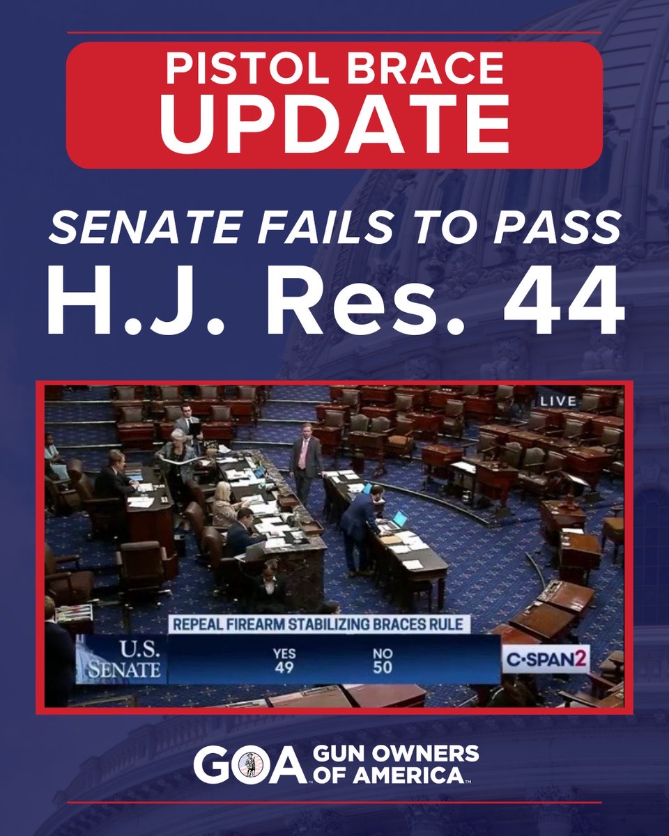 PISTOL BRACE UPDATE

The U.S. Senate has failed to pass H.J. Res. 44 and has betrayed millions of law-abiding gun owners. All 49 Republicans voted to protect your #SecondAmendment while 100% of Democrats supported tyranny, including:

@Sen_JoeManchin 
@SenatorTester…