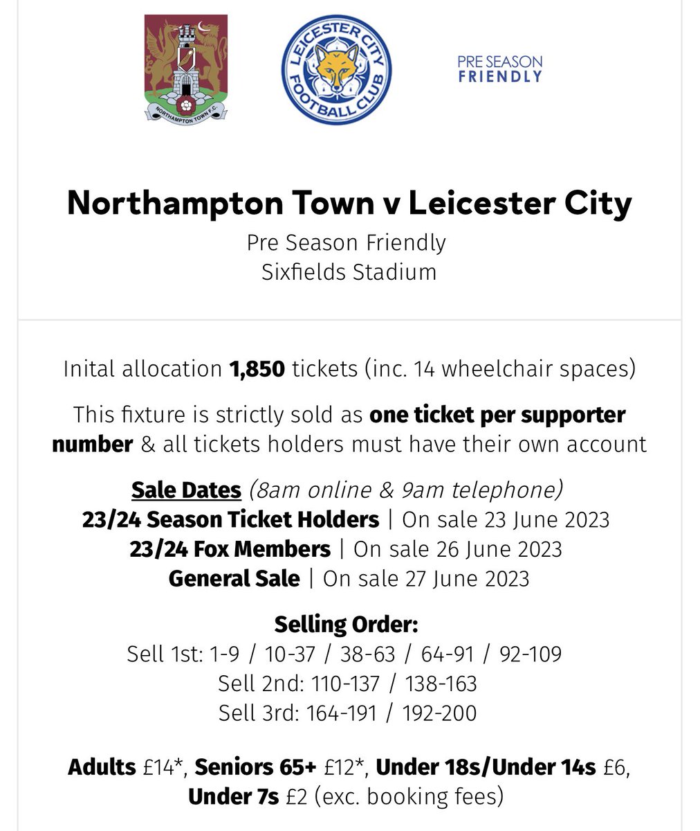 Ticket News🎟️

Away Tickets For The Trip To Northampton Town In Pre Season On Sale From Tomorrow.

#lcfc #leicestercity