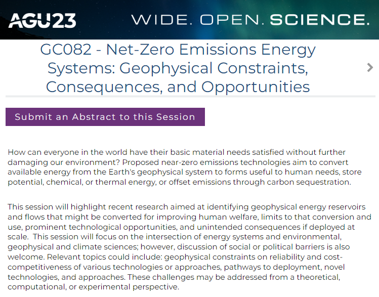 .<a href="/theAGU/">AGU (American Geophysical Union)</a> Fall Meeting is now accepting abstracts.  Please submit an abstract to session 

"GC082 -- Net-zero emission energy systems: Geophysical constraints, consequences, and opportunities"

 See you there !! 

#climate #carbon 
agu.org/Fall-Meeting agu.confex.com/agu/fm23/preli…