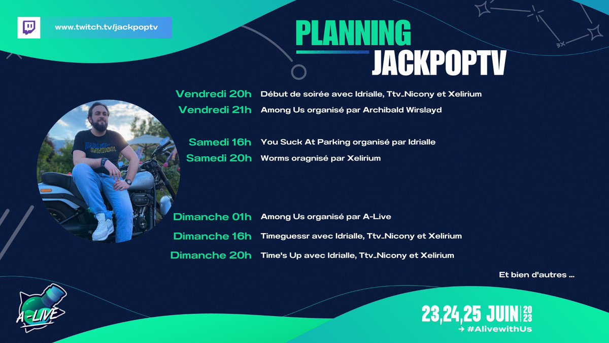 Jackpoptv's tweet photo. Yo les p’tit potes, voici le planning des festivités sur la chaîne Twitch pour le @A_Live_Event au profit d’@Inst_Analgesia https://t.co/OOpGxQu5Di