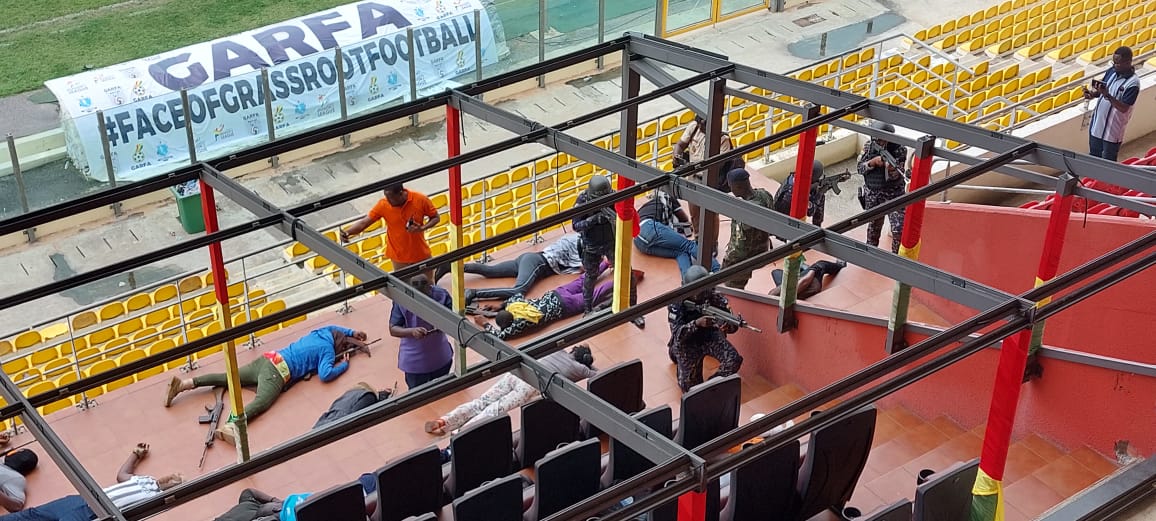IrchadR's tweet photo. No, you have not missed a football match between #Ghana and #EU !
This is rather a very important live exercise conducted at #AccraStadium a fake terrorist attack which took place this morning. https://t.co/dmwXlEEdXi