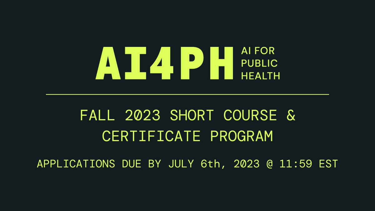 AI4PH (@ai4ph) on Twitter photo We are accepting applications to our inaugural AI4PH Short Courses until July 6th 11:59PM EST.
Full details on our website: ai4ph-hrtp.ca/short-courses.
<a href="/CIHR_IRSC/">CIHR</a> <a href="/IVADO_Qc/">IVADO</a> @PHAC <a href="/AmiiThinks/">Amii</a>
<a href="/VectorInst/">Vector Institute</a> <a href="/ICESOntario/">ICES</a>
<a href="/CIFAR_News/">CIFAR</a> <a href="/hdrn_rrds/">HDRN Canada - RRDS Canada</a> <a href="/Mila_Quebec/">Mila - Institut québécois d'IA</a> <a href="/GovCanHealth/">Health Canada and PHAC</a> We are accepting applications to our inaugural AI4PH Short Courses until July 6th 11:59PM EST.
Full details on our website: ai4ph-hrtp.ca/short-courses.
<a href="/CIHR_IRSC/">CIHR</a> <a href="/IVADO_Qc/">IVADO</a> @PHAC <a href="/AmiiThinks/">Amii</a>
<a href="/VectorInst/">Vector Institute</a> <a href="/ICESOntario/">ICES</a>
<a href="/CIFAR_News/">CIFAR</a> <a href="/hdrn_rrds/">HDRN Canada - RRDS Canada</a> <a href="/Mila_Quebec/">Mila - Institut québécois d'IA</a> <a href="/GovCanHealth/">Health Canada and PHAC</a>