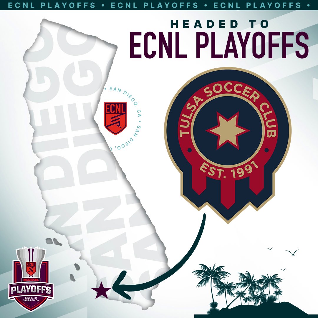 TulsaSC's tweet photo. 🔜 𝓢𝓪𝓷 𝓓𝓲𝓮𝓰𝓸, 𝓒𝓐 🌊🌴

Our @TulsaSC_07_ECNL &amp; @TulsaSC_06_ECNL @ECNLgirls are headed to the 2023 ECNL Playoffs⚽️💯

Good luck girls 💪🔥

#TulsaSC https://t.co/WunMyrAEgD