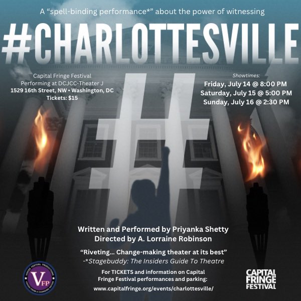 Tickets on sale now for #Charlottesville at Capital Fringe Festival 2023! Join us for a tour-de-force performance from Award-winning performance Artist Priyanka Shetty, Tickets at capitalfringe.org/events/charlot…

#capfringe23 #fringefestivaldc
#voicesfestivalproductions #dctheatre